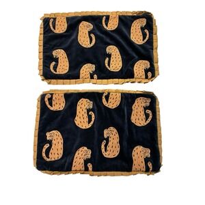 Set of 2 Black Cotton Pillowcases — Embroidered Cheetah Design, Zip Closure‎